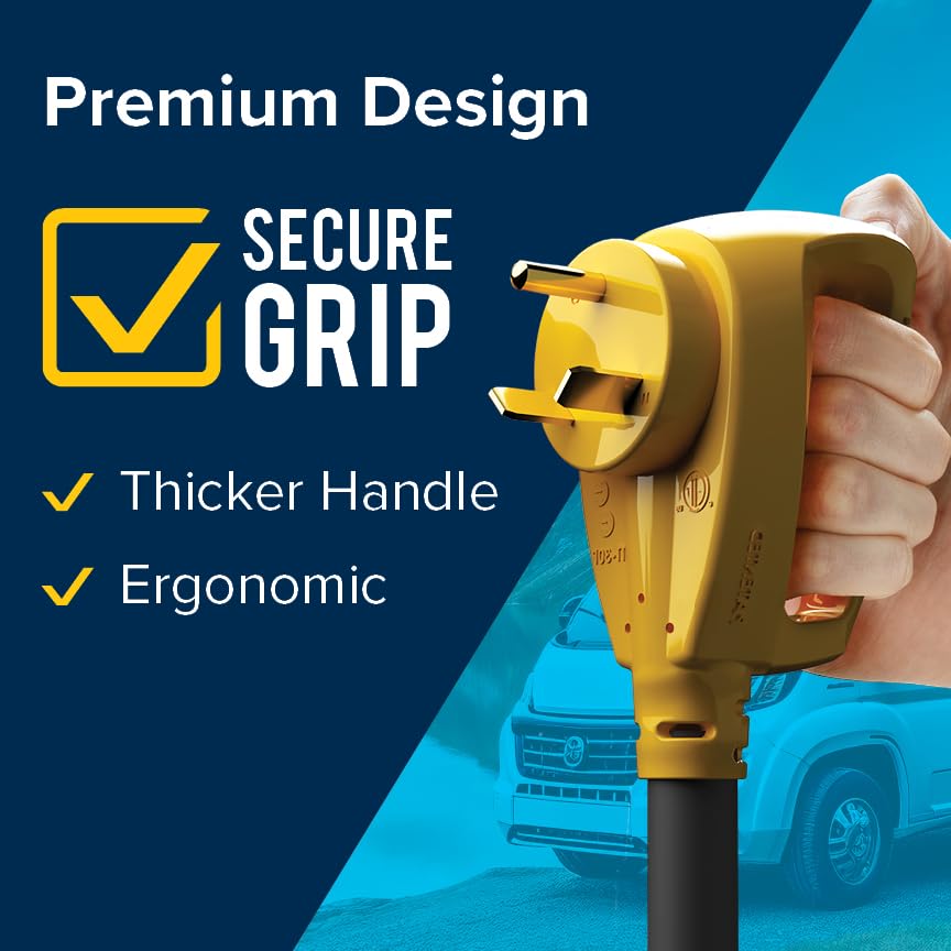 Power Grip Camco 25-Ft 30 Amp RV Extension Cord w/Locking End - Rated for 125V / 3,750W - Features Threaded Locking Ring for Weatherproof Connection & RV Power Cord 90° Head (55501)