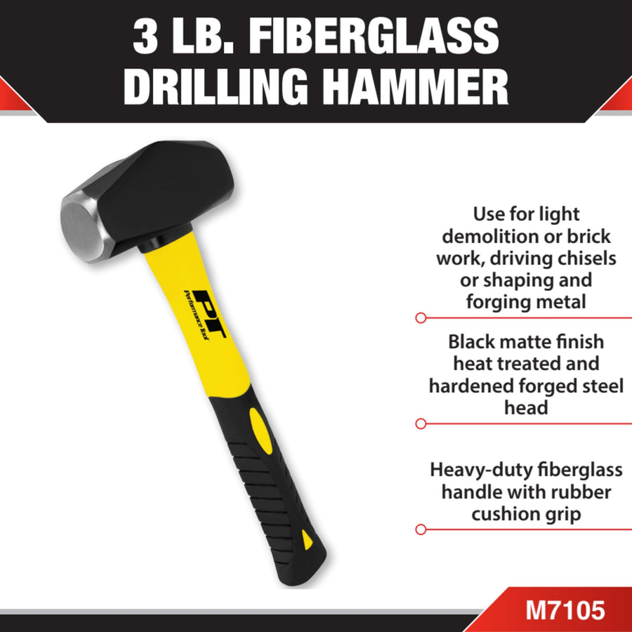 Heavy Duty Performance Tool M7105 Fiberglass Handle Hammer with Anti-Shock Rubber Cushion Grip and Mirror Polished Striking Face, 11-Inch Handle