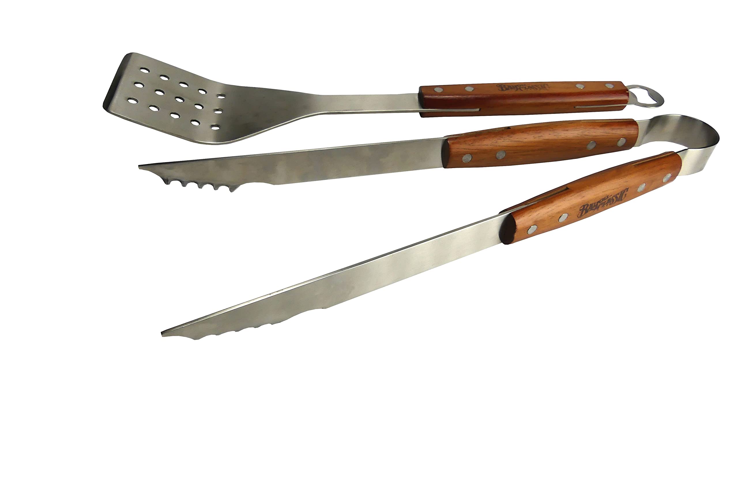 Bayou Classic 2-pc Stainless Grill Tool Set Includes Tongs and Spatula Made of Durable Stainless Steel Fitted w/ Hardwood Handles Perfect Gift For Any Backyard Chef