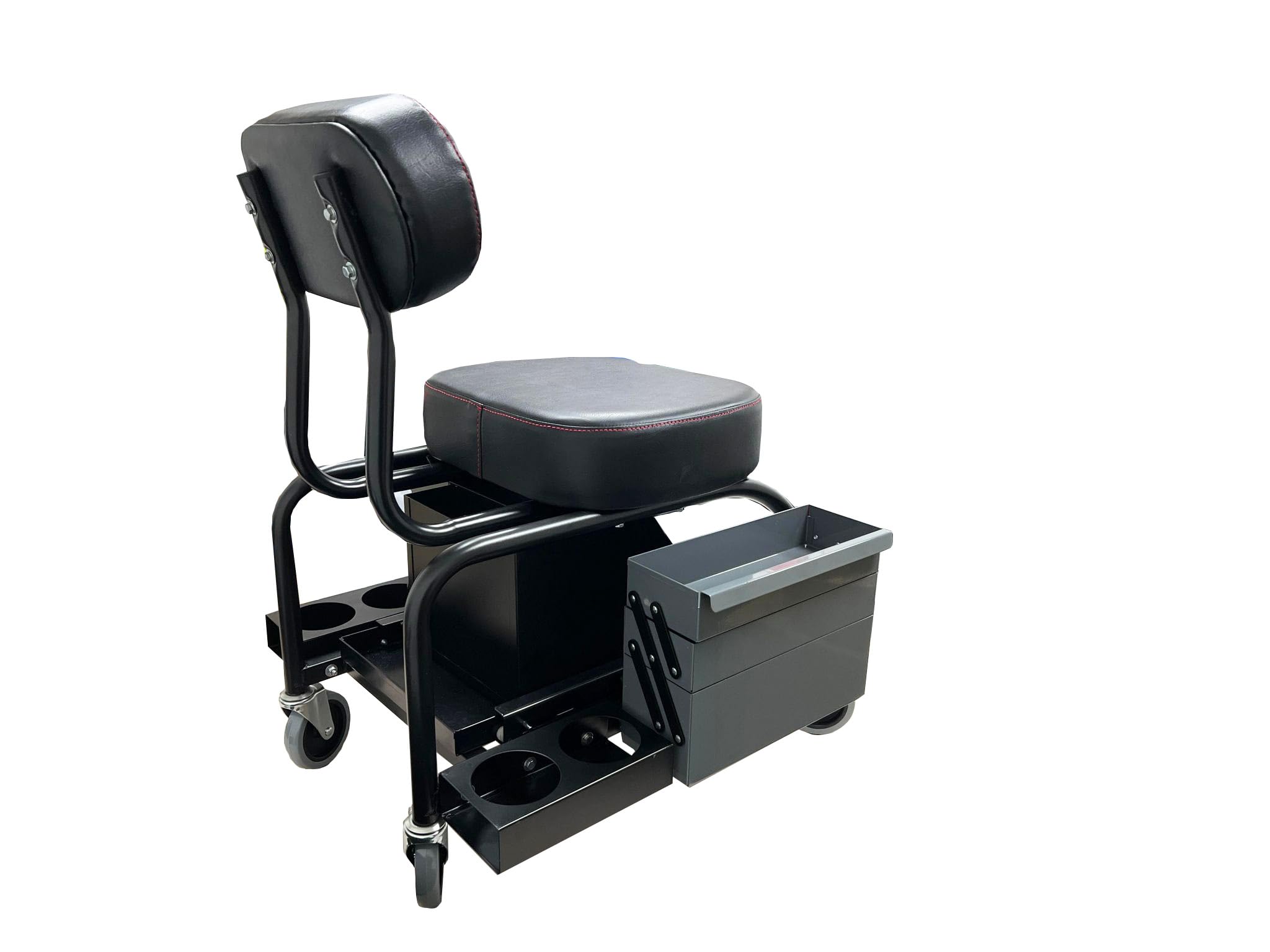 Powerbuilt Professional Roller Seat Mechanics, Heavy Duty Padded Detailer Seat and Backrest, Sliding Storage Drawers, Tool Tray, Can Holders, 4-Inch Swivel Wheels