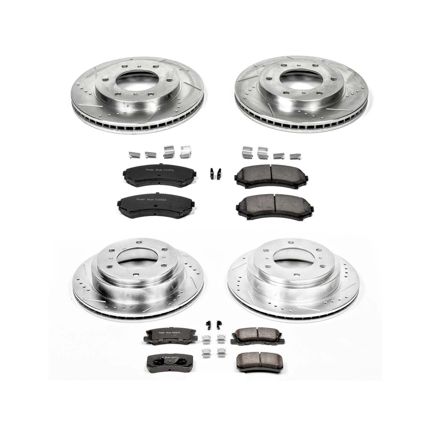 Power Stop K2755 Z23 Carbon Fiber Brake Pads Front and Rear with Drilled & Slotted Brake Rotors Kit For Mitsubishi Montero 2001-2006 [Model Specific]