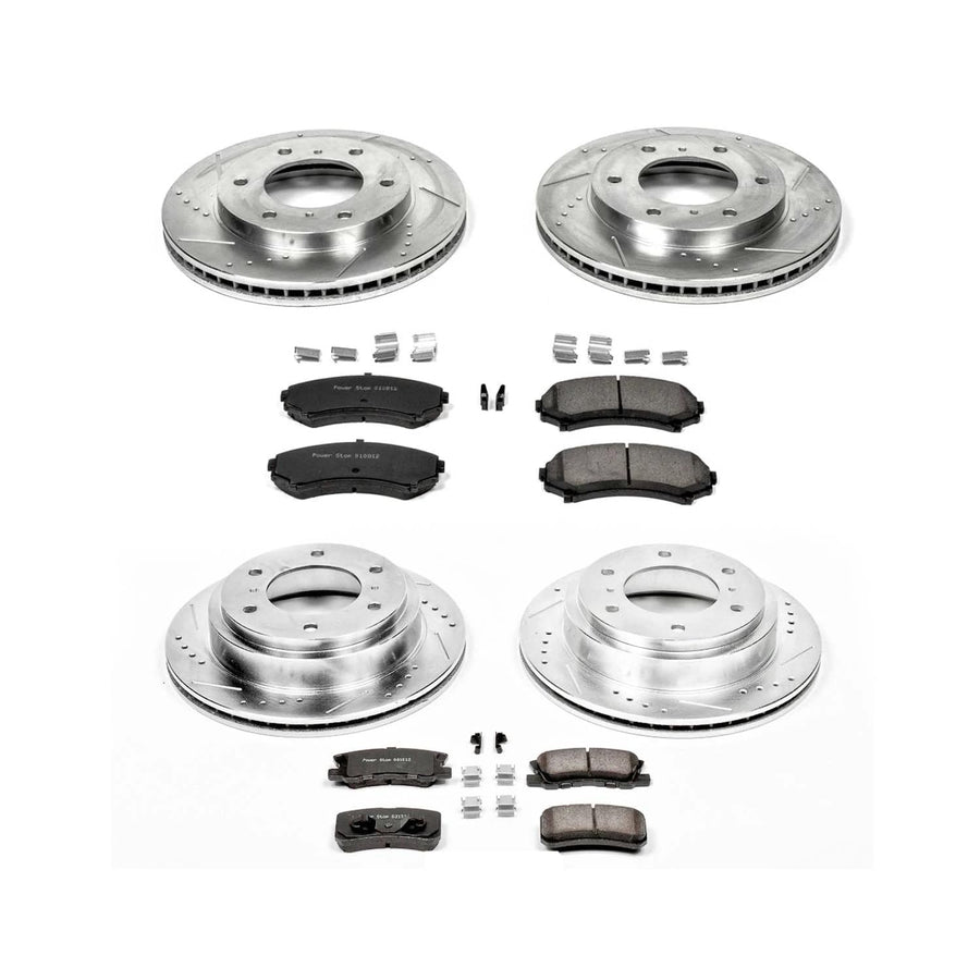 Power Stop K2755 Z23 Carbon Fiber Brake Pads Front and Rear with Drilled & Slotted Brake Rotors Kit For Mitsubishi Montero 2001-2006 [Model Specific]
