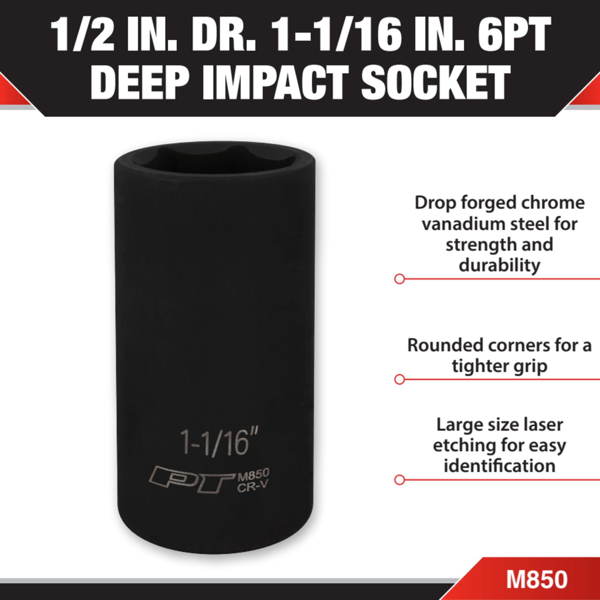 1/2-Inch Drive Performance Tool M850 Impact Socket, 1-1/16, High-Strength Chrome Vanadium Steel Construction for Heavy-Duty Applications