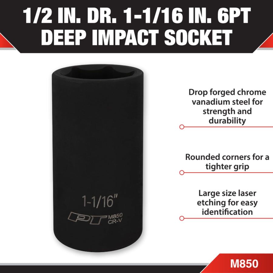 1/2-Inch Drive Performance Tool M850 Impact Socket, 1-1/16, High-Strength Chrome Vanadium Steel Construction for Heavy-Duty Applications