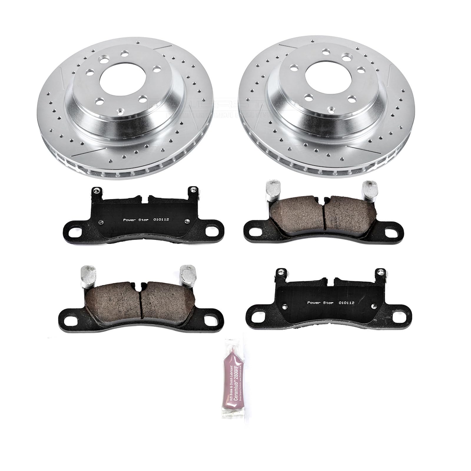 Power Stop K5979 Rear Brake Pads Z23 Carbon Fiber with Drilled & Slotted Brake Rotors Kit and 2 Rear Sensor Wires