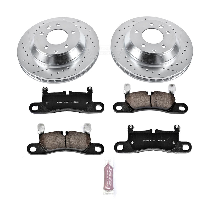 Power Stop K5979 Rear Brake Pads Z23 Carbon Fiber with Drilled & Slotted Brake Rotors Kit and 2 Rear Sensor Wires