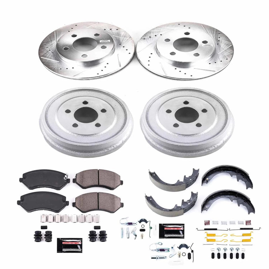 Power Stop K15216DK Z23 Carbon Fiber Brake Pads Front and Rear with Drilled & Slotted Brake Drums Kit For Jeep Liberty 2002 [Model Specific]