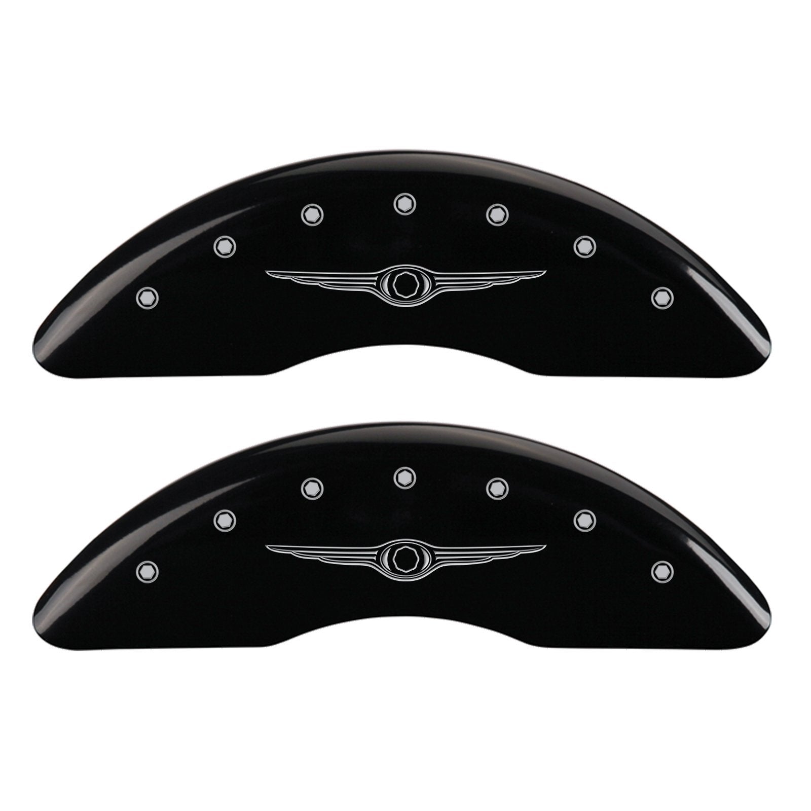 MGP Caliper Covers 32002SCW1BK Front and Rear Black Powder Coat Finish Caliper Cover, Set of 4 (Style 1/Chrysler Wing Silver Characters, Engraved)