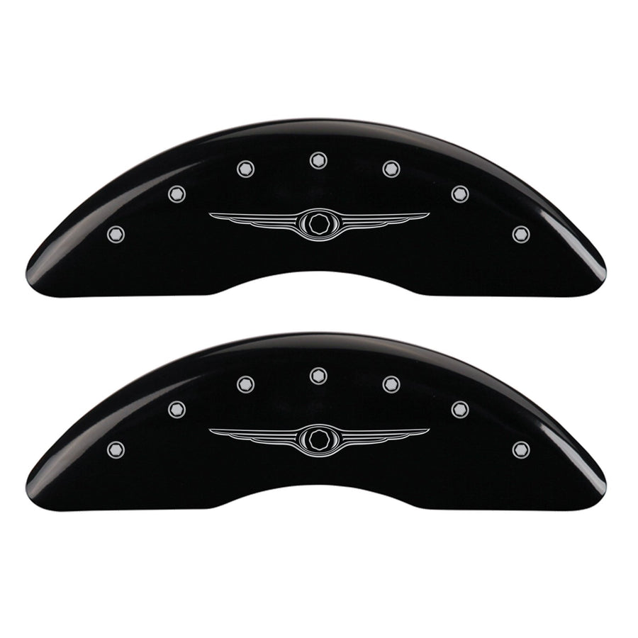 MGP Caliper Covers 32002SCW1BK Front and Rear Black Powder Coat Finish Caliper Cover, Set of 4 (Style 1/Chrysler Wing Silver Characters, Engraved)