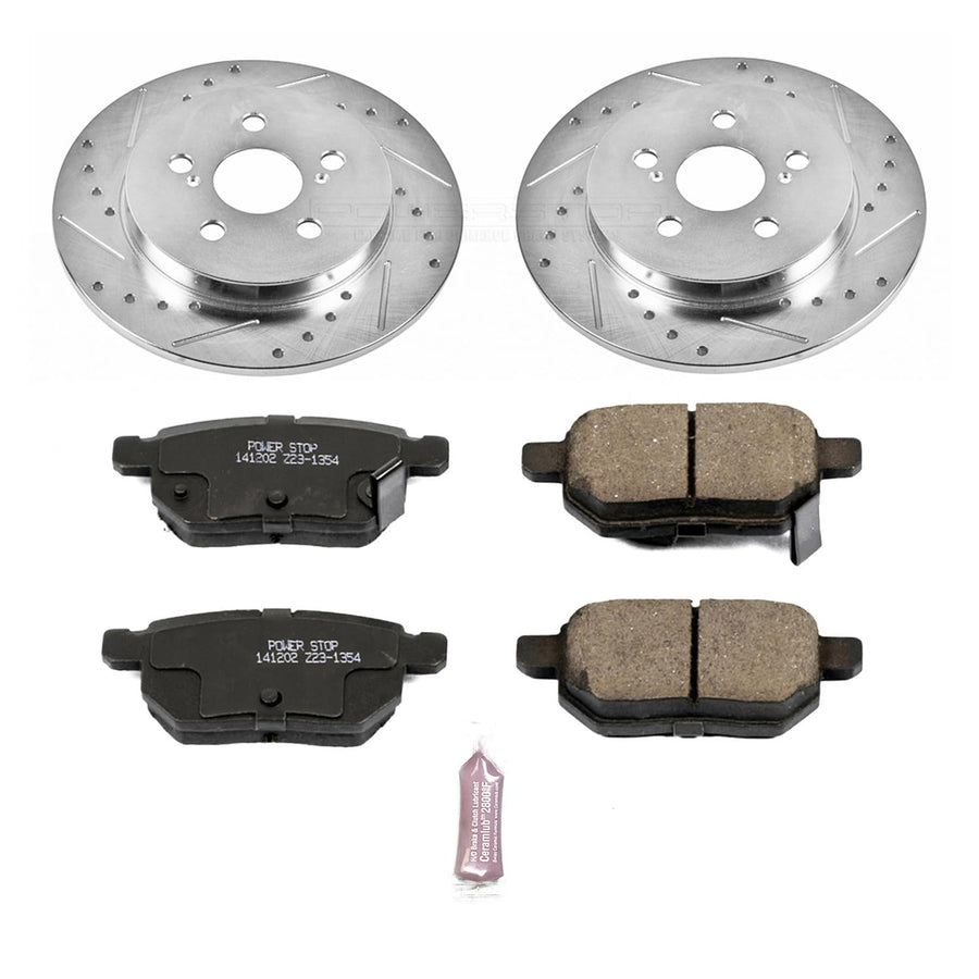Power Stop K4736 Z23 Carbon Fiber Brake Pads with Drilled & Slotted Brake Rotors Kit For Pontiac Vibe, Corolla, Matrix, Prius AWD-e, Prius Prime [Model Specific]