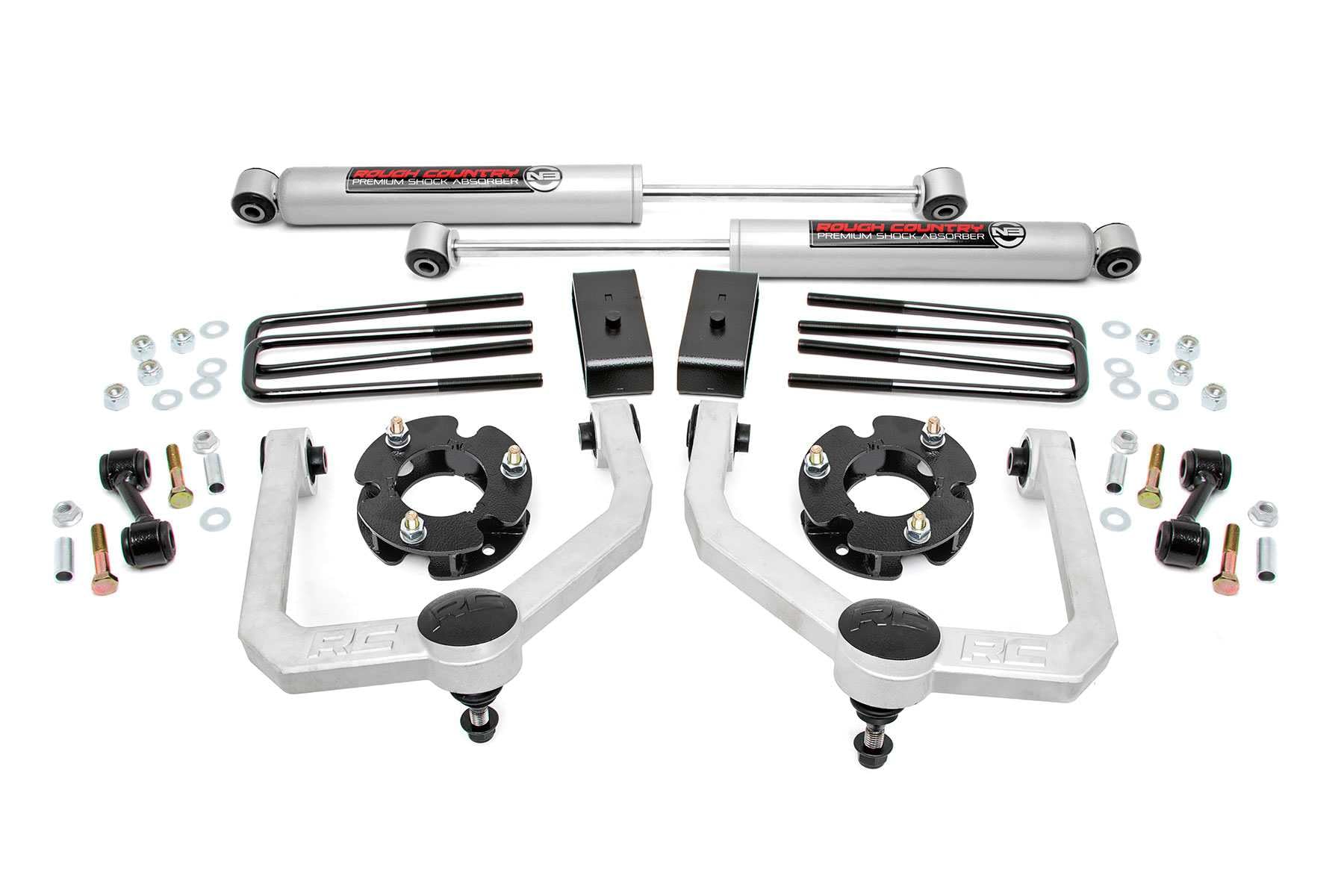 3" Rough Country Suspension Lift Kit for Nissan Titan 2WD/4WD (2004-2024) - Wheel Spacers & N3 Rear Shocks, Silver Control Arms