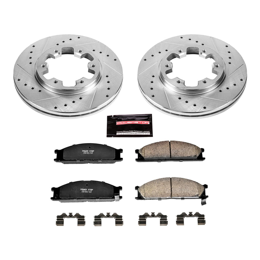 Power Stop K4837 Z23 Carbon Fiber Brake Pads with Drilled & Slotted Brake Rotors Kit For Nissan 720, Nissan D21, Nissan Frontier, Nissan Pathfinder [Model Specific]
