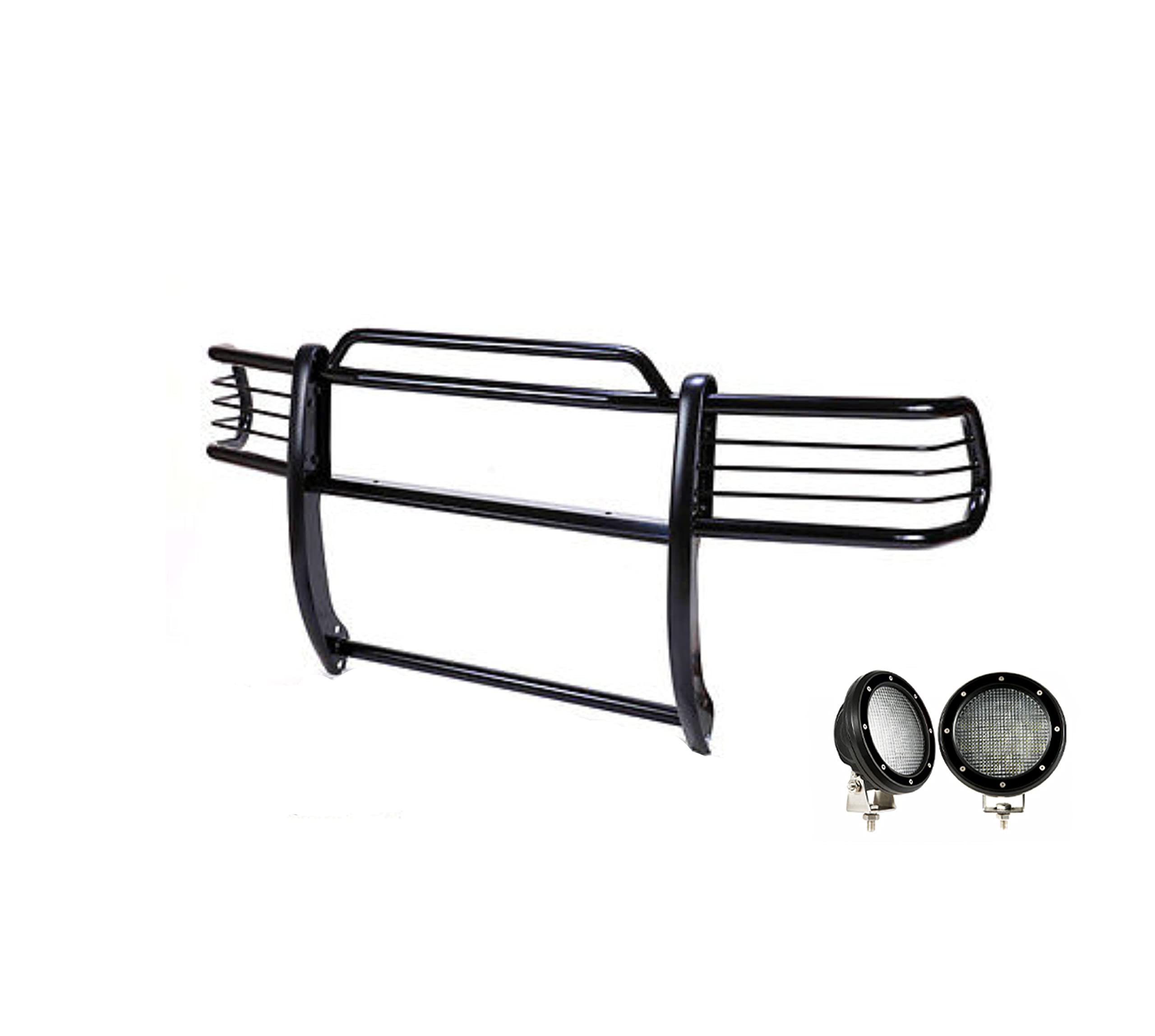 Bumper Guard Black Horse Grille Brush Modular Black Come with Pair of 5.3" Dia.LED Lights with Black Trim Rings Compatible with 2001-2007 Toyota Highlander-17TL26MA-PLFB