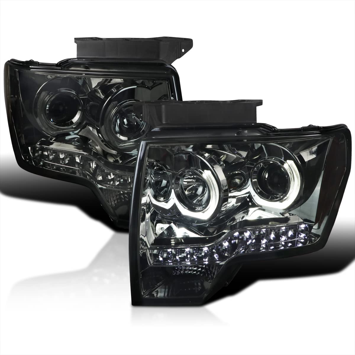 Spec-D Tuning LED U-Halo Rims Smoke Lens Projector Headlights Lamps Compatible with 2009-2014 Ford F150, Left + Right Pair Headlamps Assembly