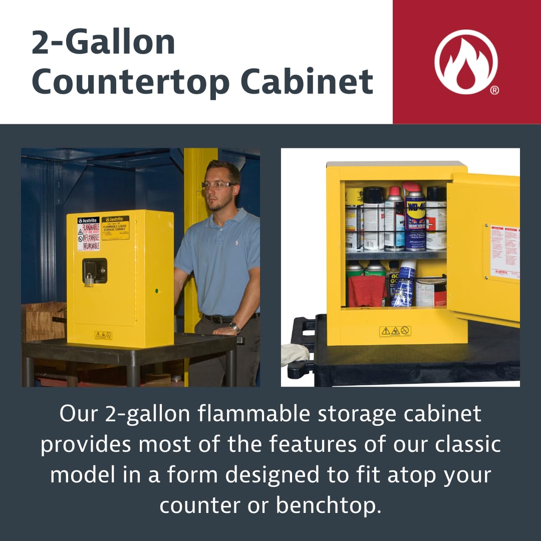 Justrite 2 Gallon Countertop Manual Close Flammable Storage Cabinet, 18 Gauge Steel, 1 Shelf, 1 Door Fire Cabinet, 22" x 17" x 8, Made in The USA, Yellow, 890200