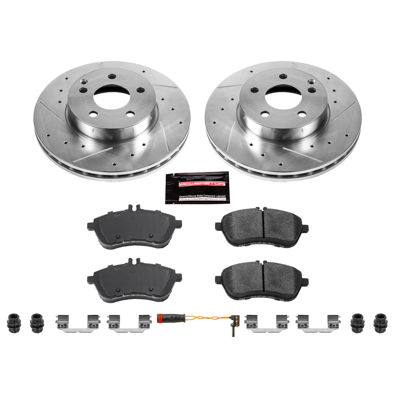 Power Stop K5790 Front Brake Pads Z23 Carbon Fiber with Drilled & Slotted Brake Rotors Kit and 1 Front Sensor Wire For Mercedes-Benz C250, Mercedes-Benz C300, Mercedes-Benz SLK250 [Model Specific]
