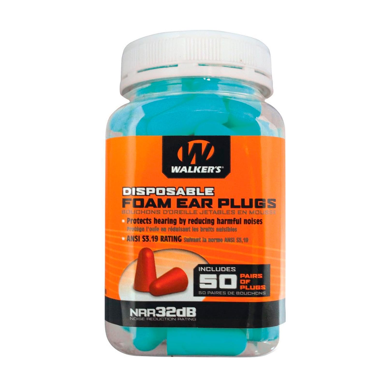 32dB Walker's Noise-Canceling ANSI S3.19 Hearing Safety Protection Range Shooting Hunting Work Soft Comfortable Adaptable Foam Earplugs, Security Sealed Jar, 50 Pairs, Teal