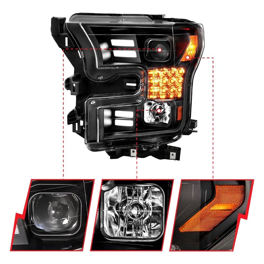 FORD F-150 PROJECTOR BAR STYLE HEADLIGHTS BLACK W/SEQUENTIAL SIGNAL 15-17 (FOR HALOGEN MODELS ONLY)