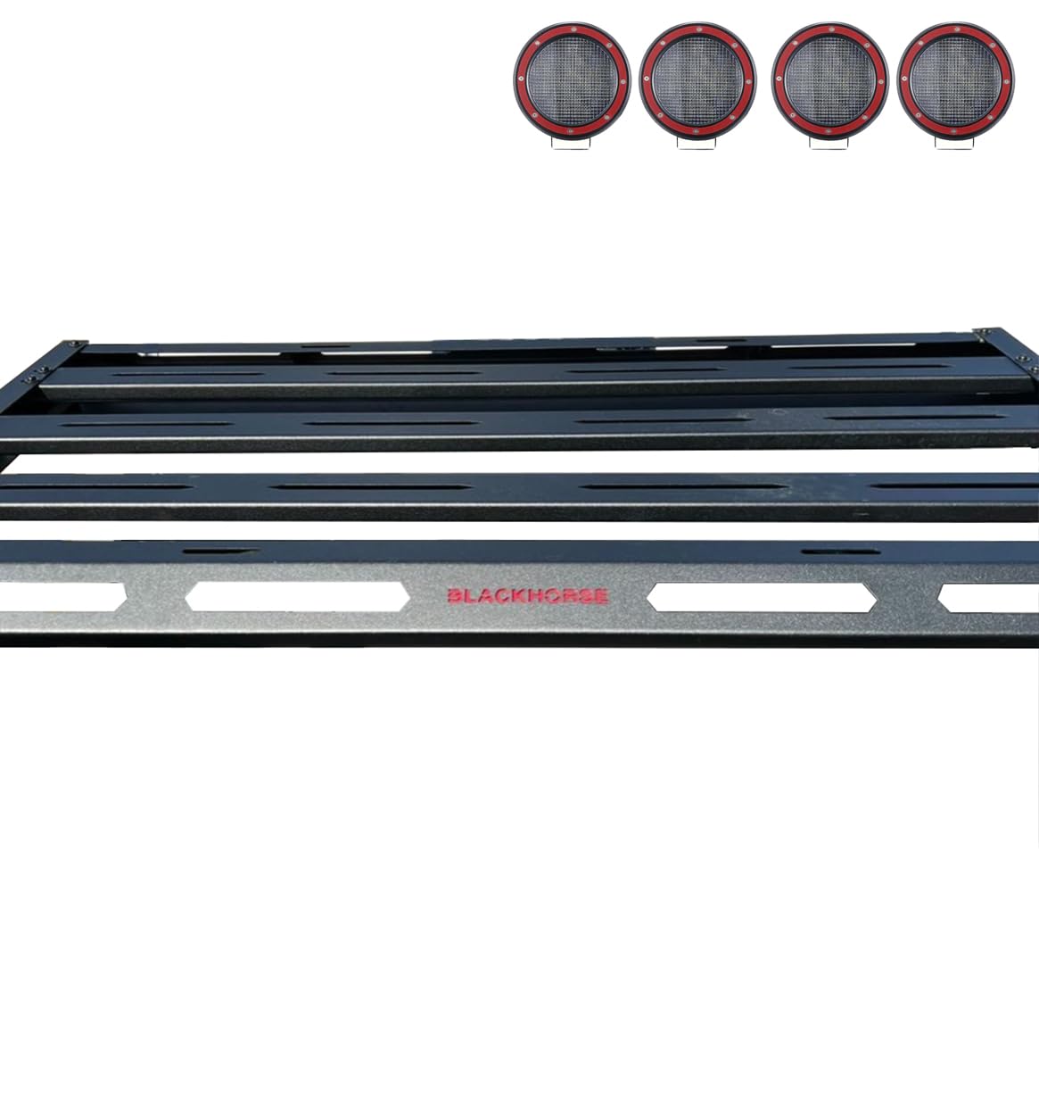 Armour II Black Horse Basket Incl. Set of 5.3" Dia.led Lights w/Red Trim Rings Compatible with 14-22 Chevrolet Silverado, GMC Sierra, Ram1500|15-22 Ford F-150 |07-24 Toyota Tundra