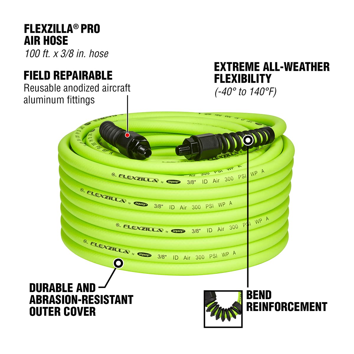 Flexzilla Pro Air Hose, 100 ft. x 3/8 in., Heavy Duty, Lightweight, Hybrid, ZillaGreen - HFZP38100YW2