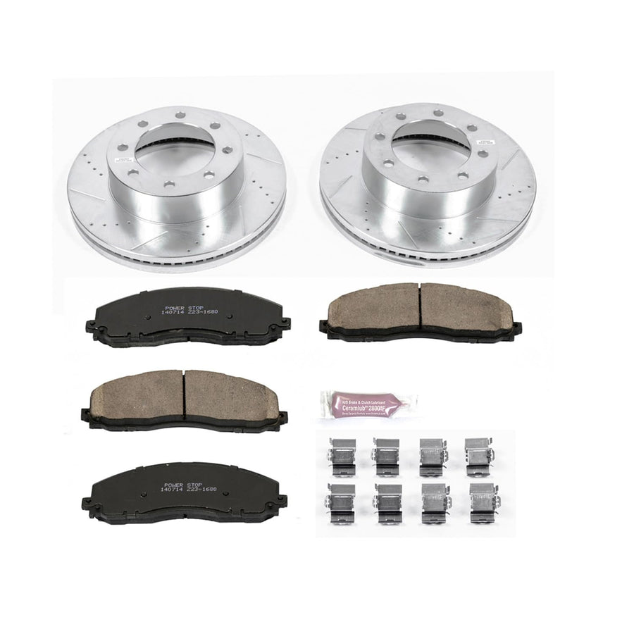 Power Stop K6403 Z23 Carbon Fiber Brake Pads Front with Drilled and Slotted Brake Rotors Kit For Ford F-250 F-350 F-450 4WD 8 Lug