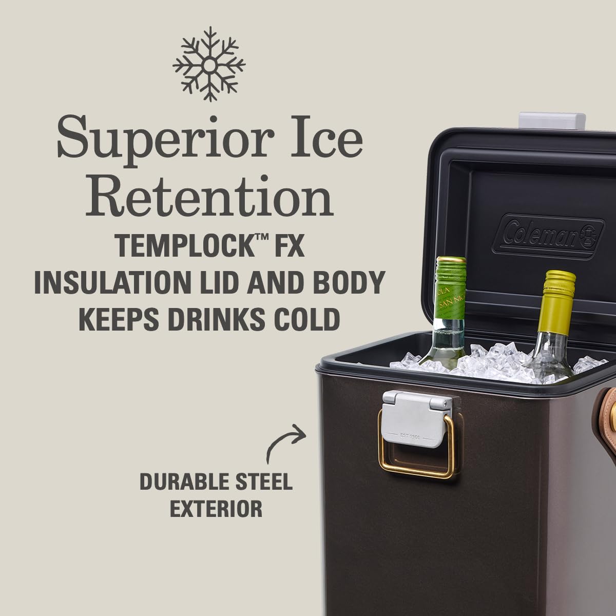 Premium Steel Belted Cooler & Wine Chiller - Coleman 1900 Collection, Durable Insulated Stainless Steel Portable Cooler with High Ice Retention, Perfect for Beach, Camping, Tailgating, Picnics & More