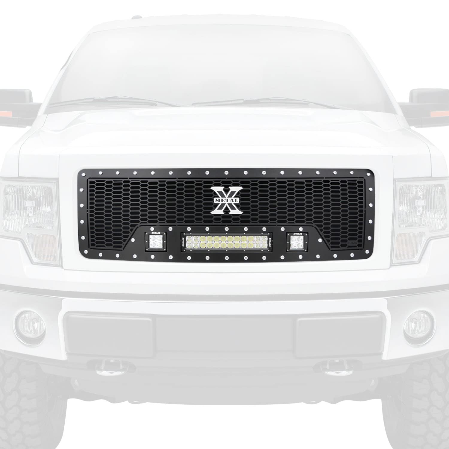 Laser Torch Grille Compatible with F-150 (2009-2012), Black, 1 Pc, Insert, Chrome Studs with (2) 3" LED Cubes and (1) 12" LEDs - PN #7315681