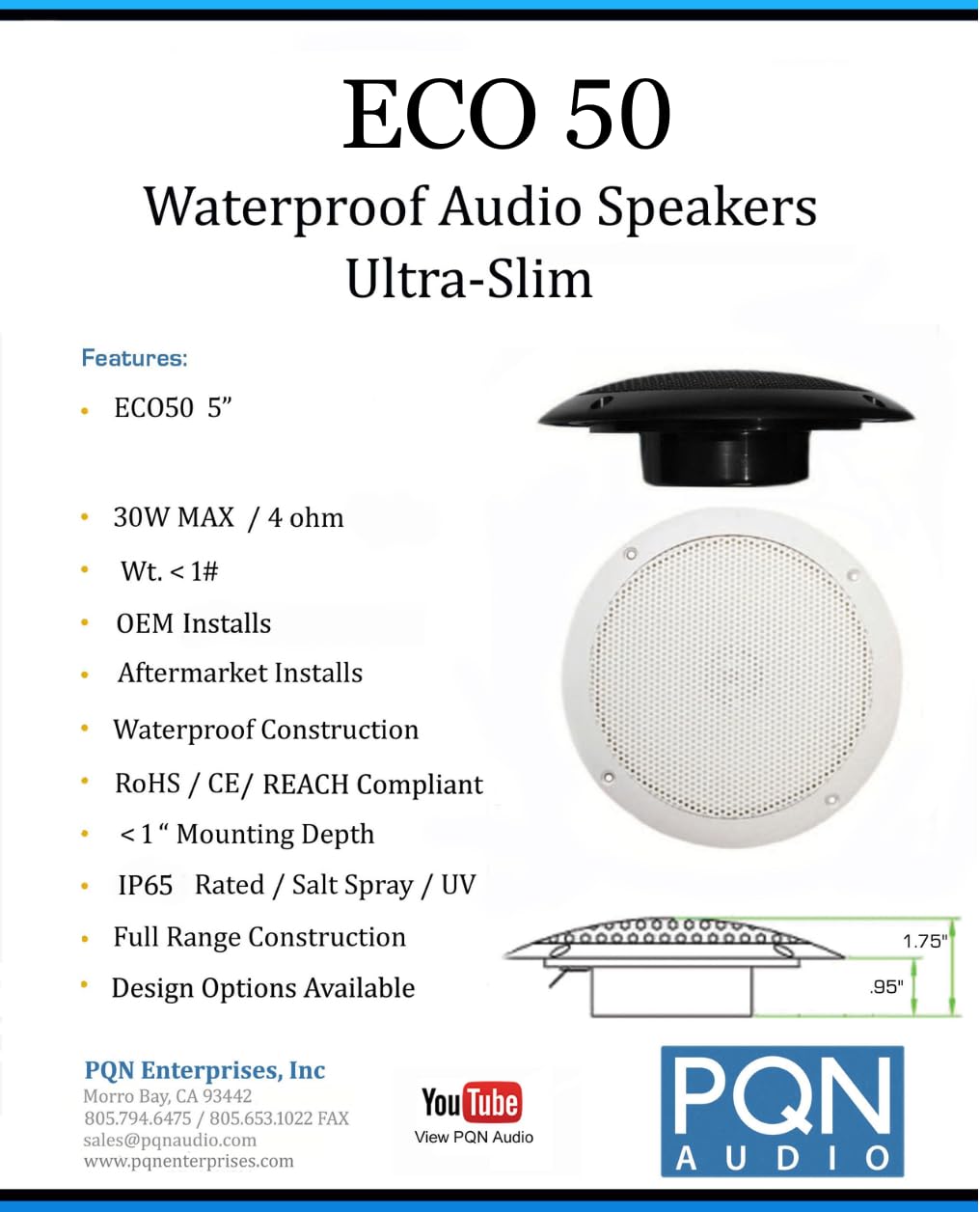 PQN Audio 5 inch Eco50-4BK Ultra Slim Waterproof Marine Speaker for RV, Camper, Cabinet and Hot tub. Chemical and UV Resistant. Wall and Floor Mount Outdoor Speakers (Black)