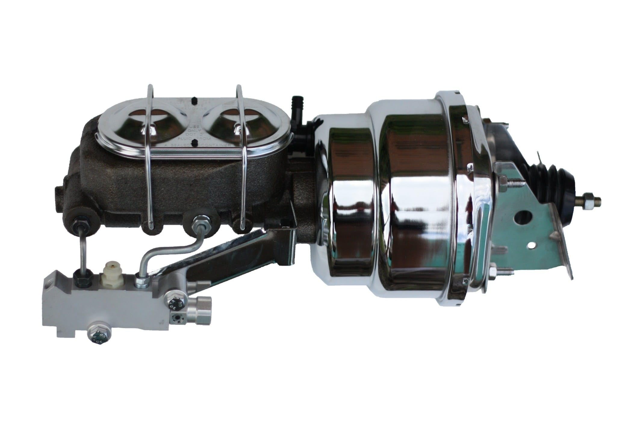 Power LEED BRAKES Front Disc Brake Conversion Kit With 7" Dual Chrome Booster Cast Iron Chrome Top M/C Disc/Drum Side Mount