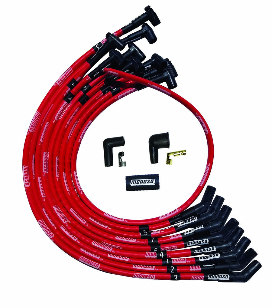 Moroso Ultra Series 52527 Red Sleeved Spark Plug Wires, Small Block Chevy, Over Valve Cover Routing, 135 Degree Plug Ends, HEI Distributor