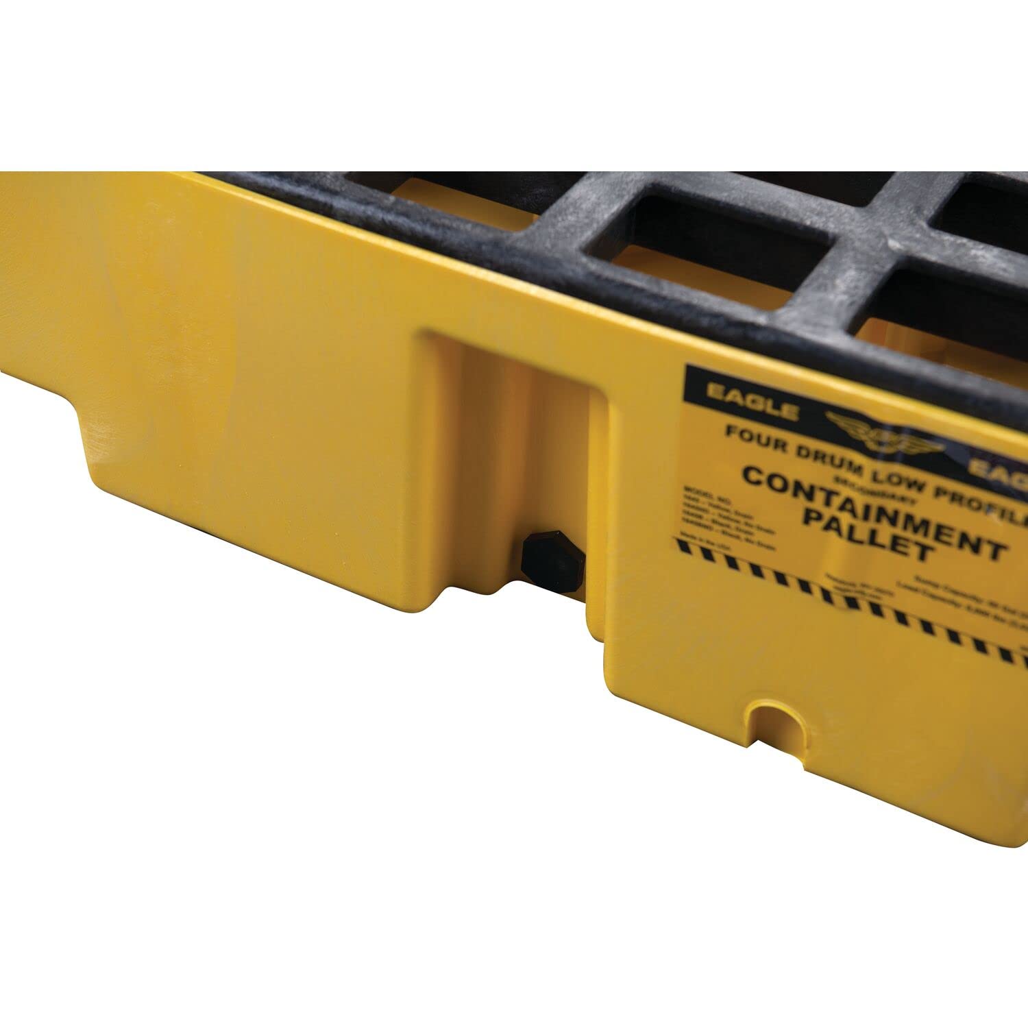 4 Eagle Drum Spill Containment Pallet with Drain and Forklift Pockets, 51.5"x51.5"x8", 66 Gallon Sump, 8,000 lbs. Load Capacity Secondary Containment Pallet, Made in USA, Yellow, 1645