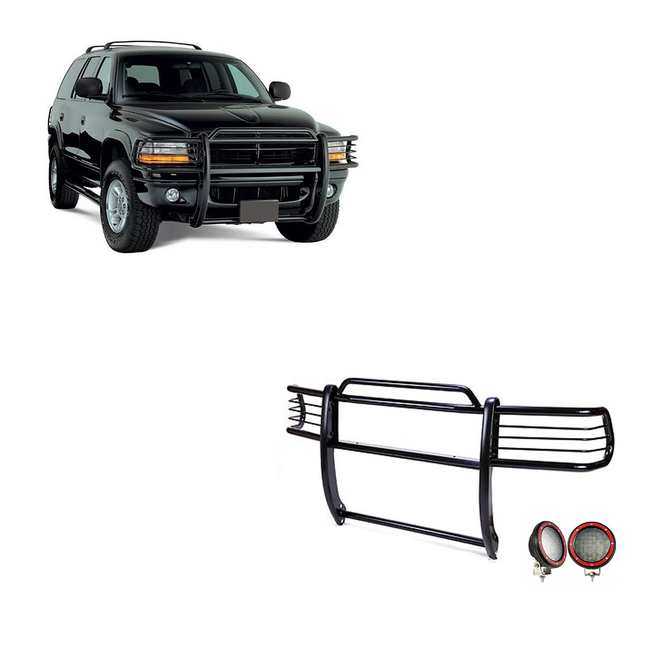 Bumper Guard Black Horse Grille Brush Modular Black Come with Pair of 5.3" Dia.LED Lights with Red Trim Rings Compatible with 1997-2004 Dodge Dakota|2000-2003 Dodge Durango-17BH23MA-PLFR
