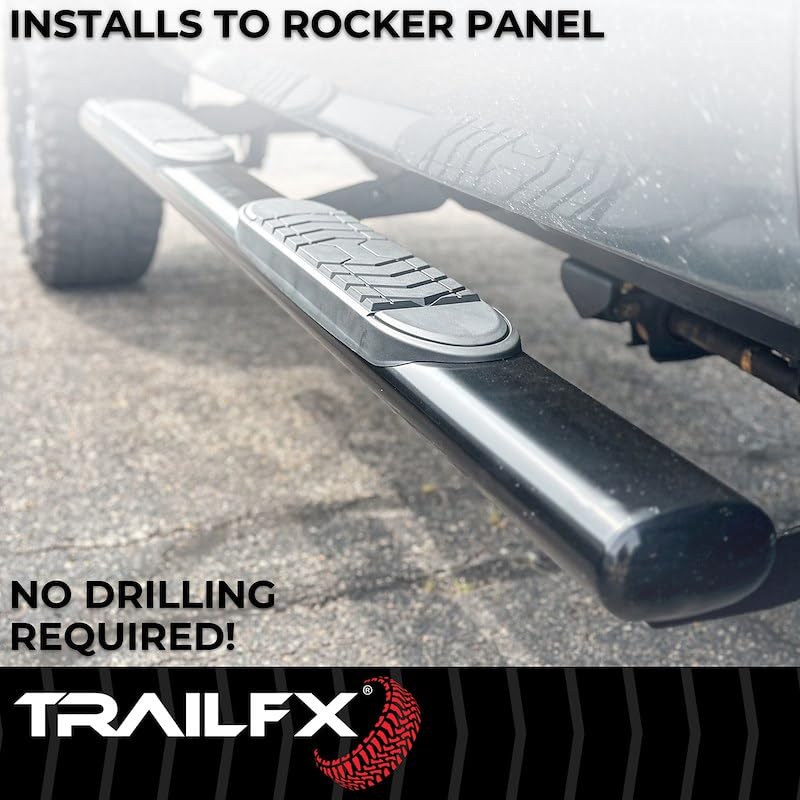 Toyota Tacoma Crew Cab TrailFX A7068B Truck Running Board Fits 2005-2023 Oval 5 Inch Bent Side Bars with Step Pads, Black Powder Coated Steel, Welded End Caps, Rocker Panel Mount