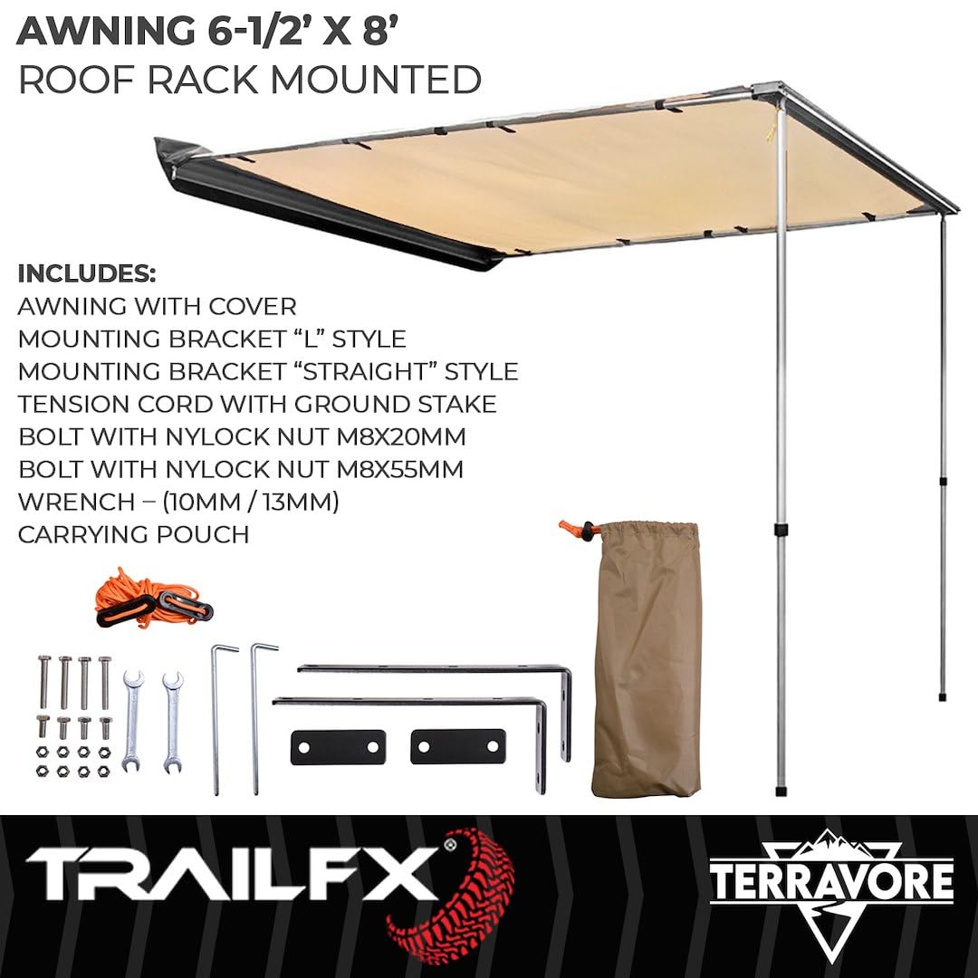 Terravore TrailFX Roof Rack Mounted Awning 6.5 Foot Length x 8 Foot Extension Manual Tan 420D Oxford Polyester Canopy with Black Weather Cover Aluminum Frame and Poles AWN002