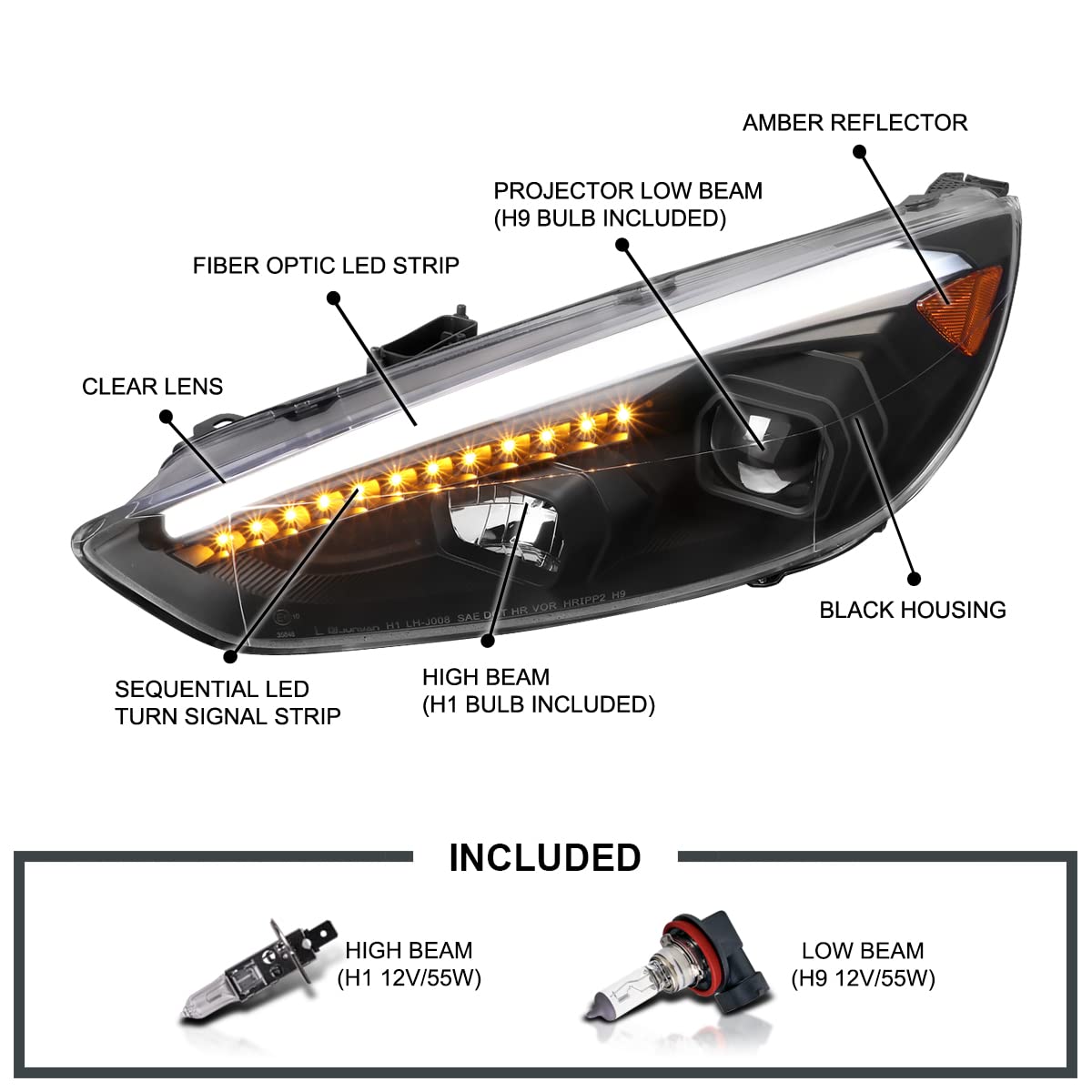 Black SPEC-D TUNING Projector Headlights w/Sequential LED Signal Tube Compatible with 2015-2018 Ford Focus, Left + Right Pair Headlamps Assembly