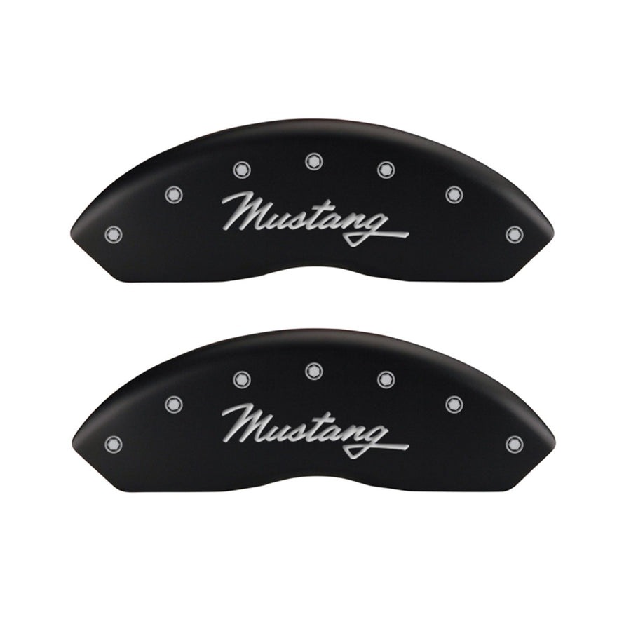 MGP Caliper Covers Mustang Classic Cursive Logo Type 10014FMCCMB Caliper Cover with Matte Black Powder Coat Finish and Silver Characters, (Set of 2)