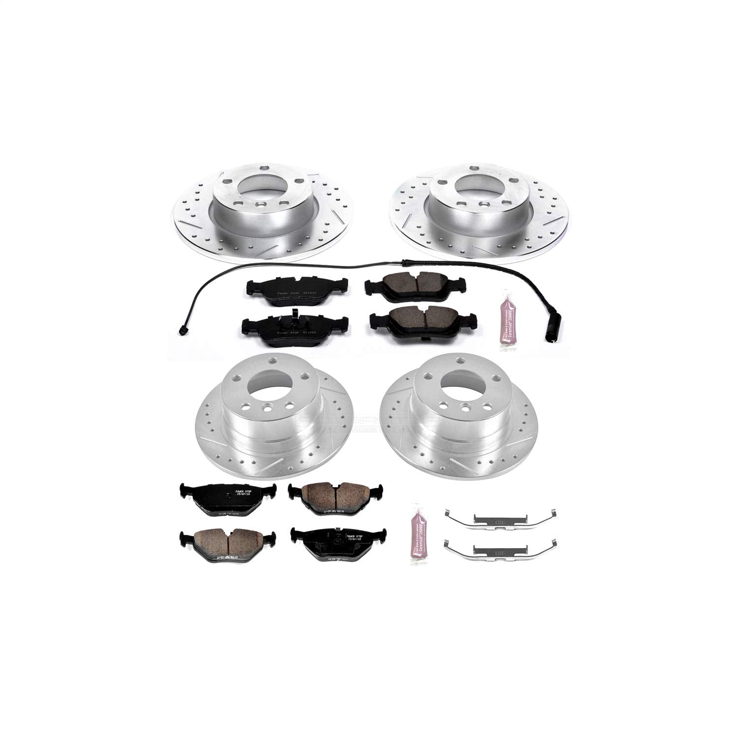 Power Stop K592 Z23 Carbon Fiber Brake Pads with Front and Rear Drilled & Slotted Brake Rotors Kit