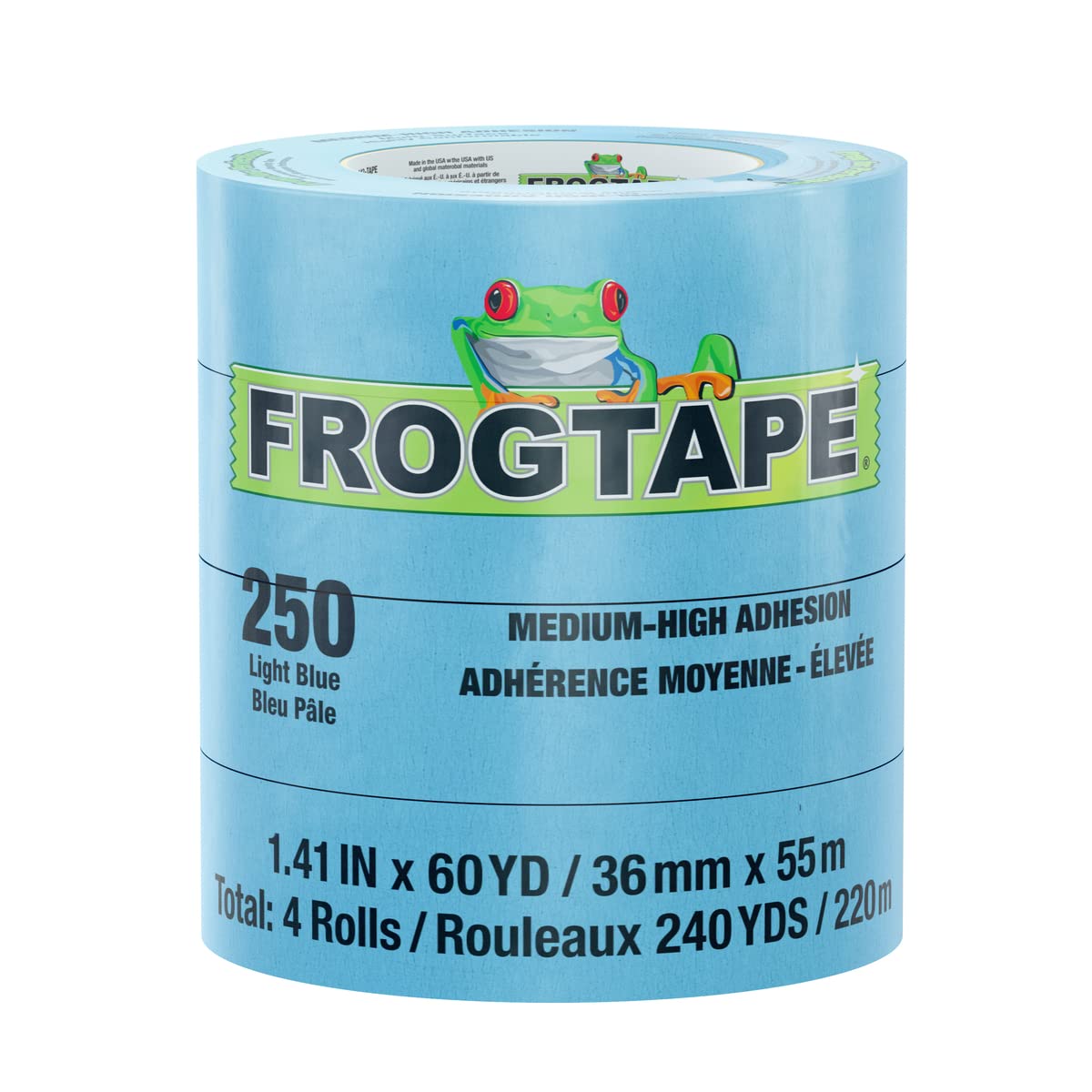 250 FrogTape Light Blue Moderate Temperature Performance Grade Masking Tape, Medium-High Adhesion, 36mm x 55m, 4 Rolls per Pack (105328)