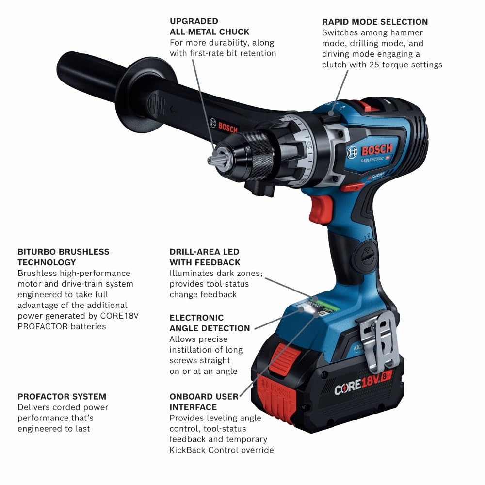 BOSCH PROFACTOR™ GSB18V-1330CB14 18V Connected-Ready 1/2 In. Hammer Drill/Driver Kit with (1) CORE18V® 8 Ah High Power Battery