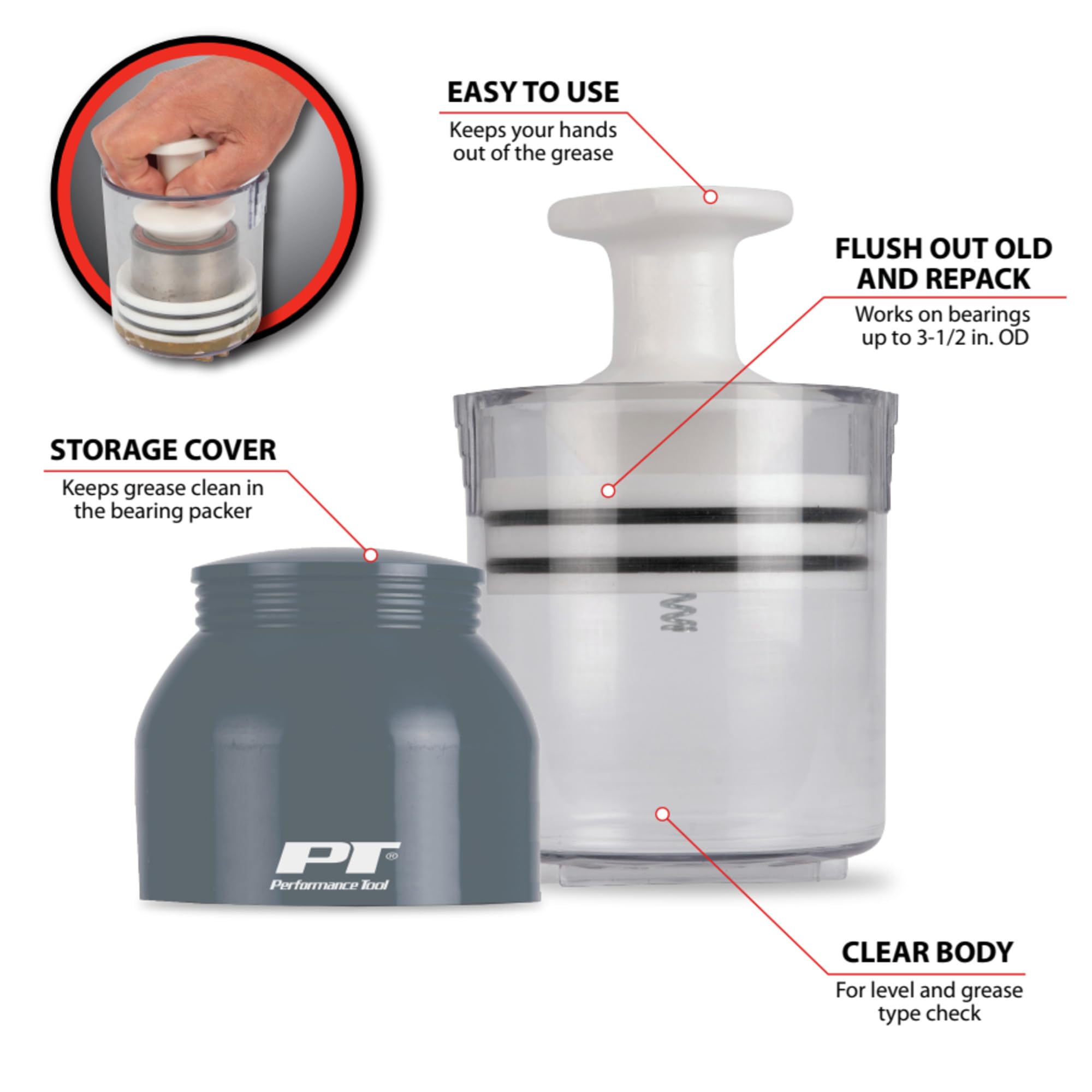 Portable Performance Tool W54175 Bearing Packer for up to 3.5-Inch OD Bearings - Mess-Free, Simple and Impact Resistant with Dust Cover Storage