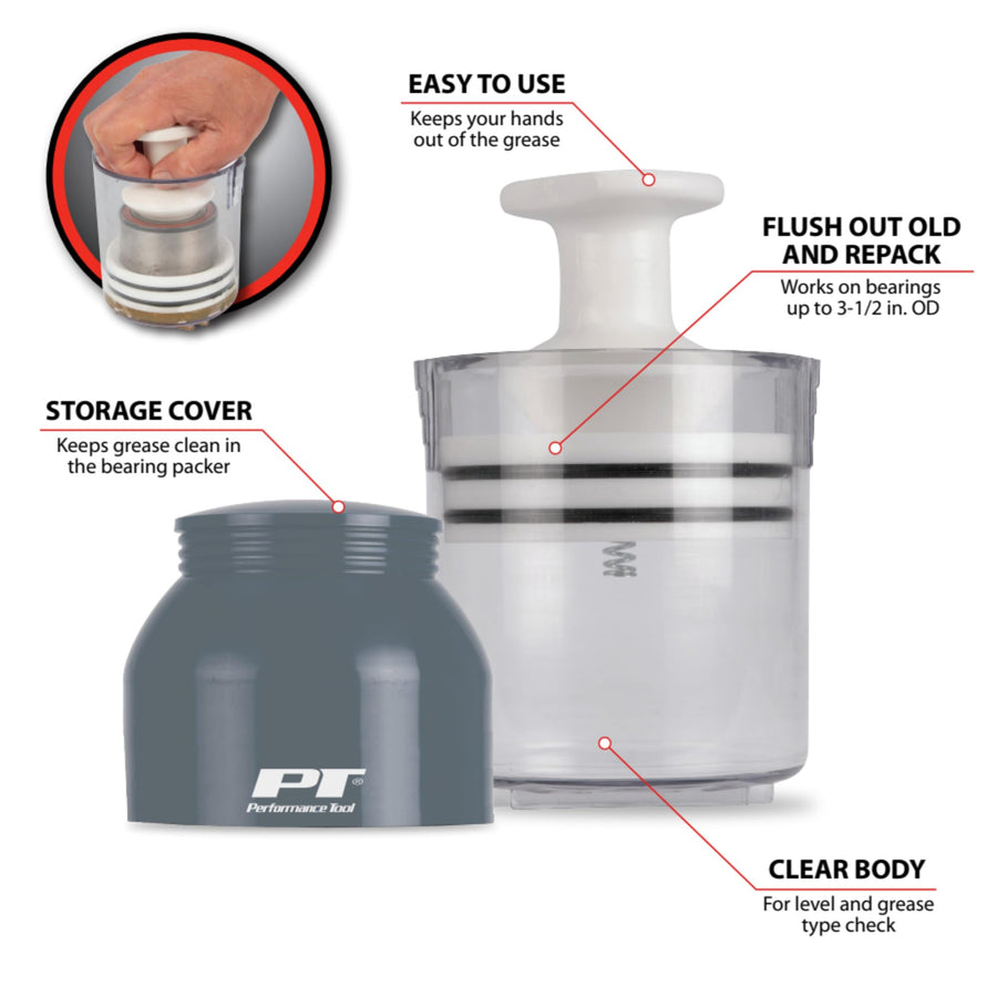 Portable Performance Tool W54175 Bearing Packer for up to 3.5-Inch OD Bearings - Mess-Free, Simple and Impact Resistant with Dust Cover Storage