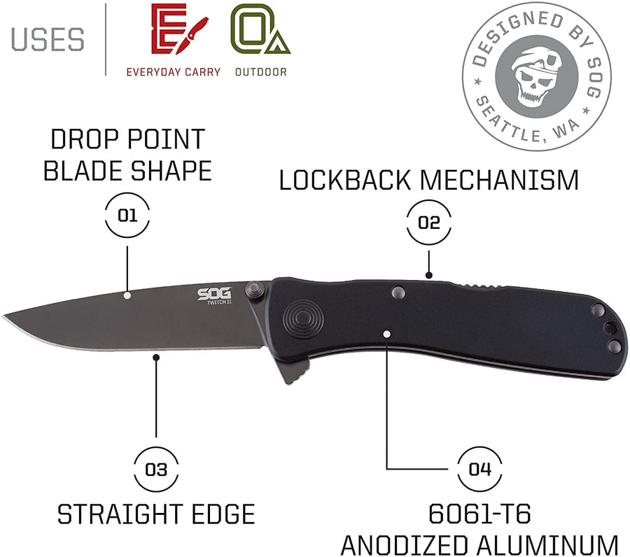 SOG Twitch II Lockback Knife- EDC Tactical Folding Assisted Opening Knife with 2.65 Inch AUS 8 Stainless Steel Blade and Low Carry Clip with Double Thumb Studs (TWI2-CP)