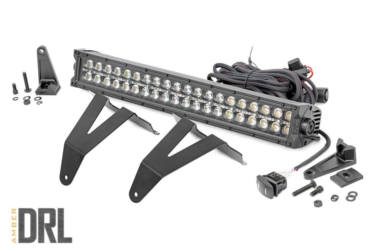 20" Rough Country Dual Row LED Light Bar Bumper Mount Kit with Amber DRL for Ram 1500 (2019-2024) - 120W, 9600 Lumen CREE LED, Combo Spot Flood Beam