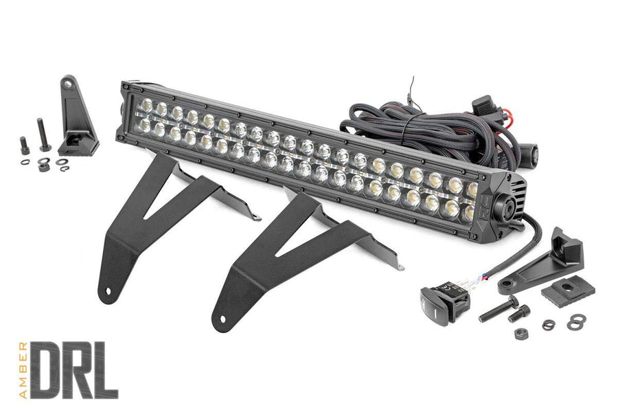 20" Rough Country Dual Row LED Light Bar Bumper Mount Kit with Amber DRL for Ram 1500 (2019-2024) - 120W, 9600 Lumen CREE LED, Combo Spot Flood Beam