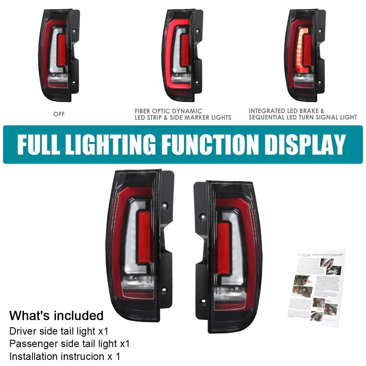 Tail Lights SPEC-D TUNING Glossy Black w/Red LED Sequential Turn Signals and Startup Animation Compatible with 2007-2014 Chevy Tahoe, Suburban, GMC Yukon/Denali/XL, Left + Right Pair Assembly