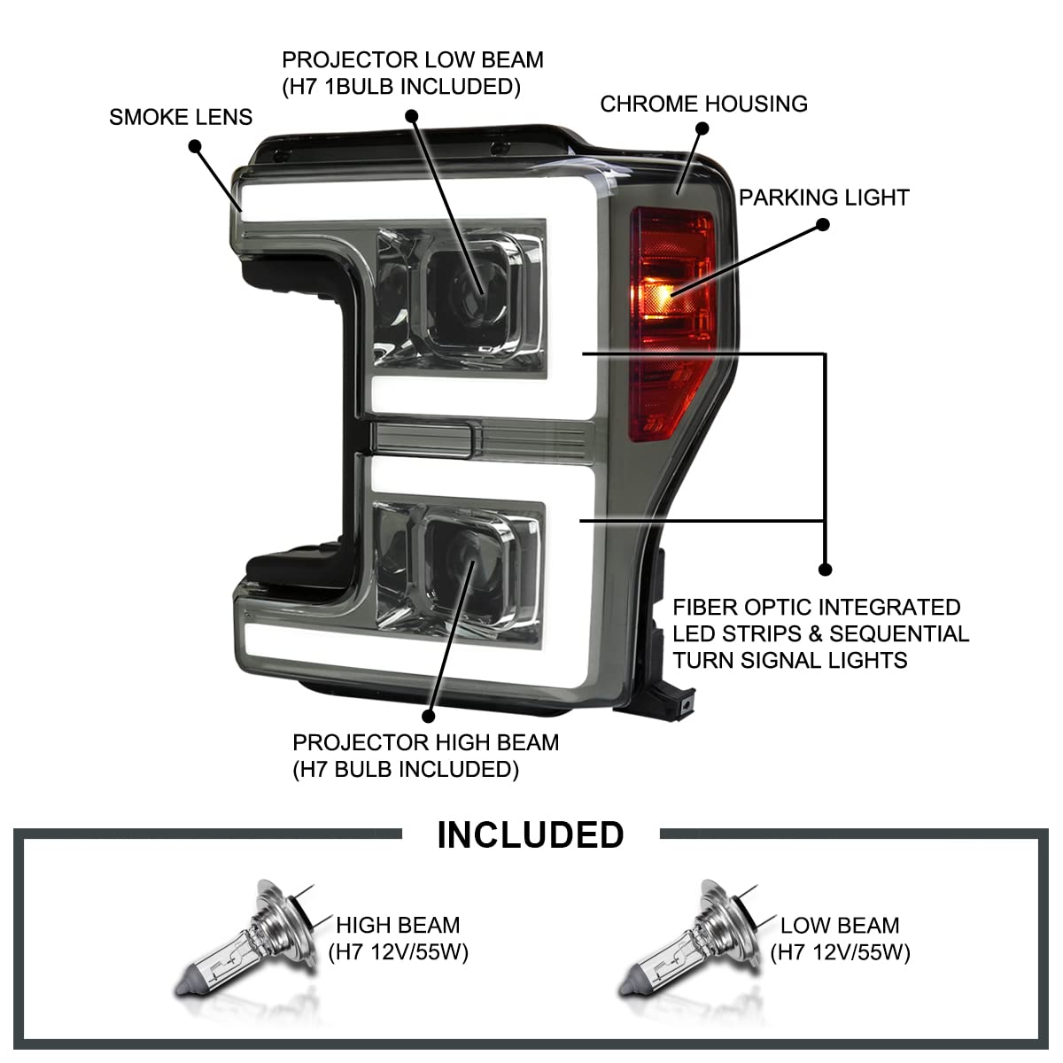 Spec-D Tuning Projector Smoke Headlights w/LED Sequential Turn Signal Switchback Compatible with 2017-2019 Ford F-250, F-350, F-450, F-550 Super Duty, Left + Right Pair Headlamps Assembly