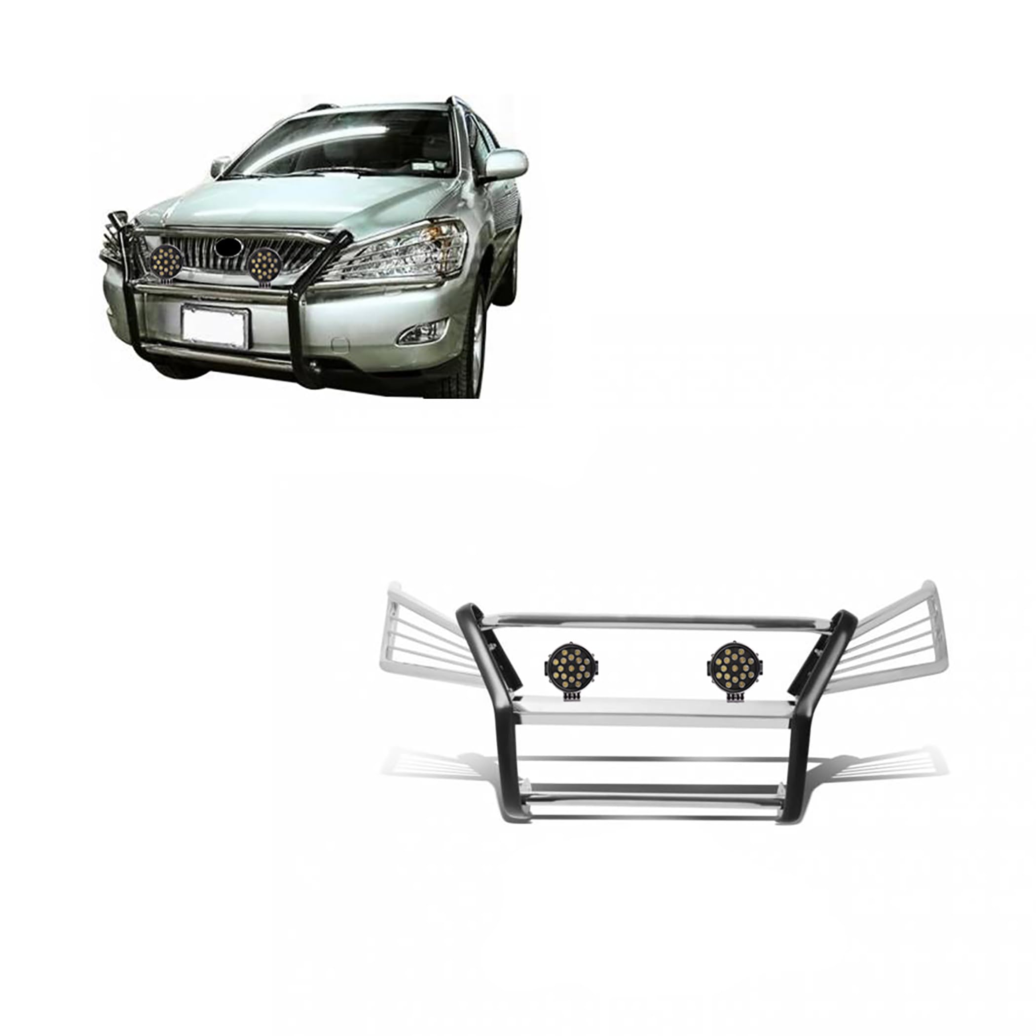 Bumper Guard Modular Stainless Steel Black Horse Grille brush Come With pair of 7.0"Dia.LED Lights with Black Trim Rings Compatible with 2004-2006 Lexus RX330|2007-2009 Lexus RX350-17G80330MSS-PLB