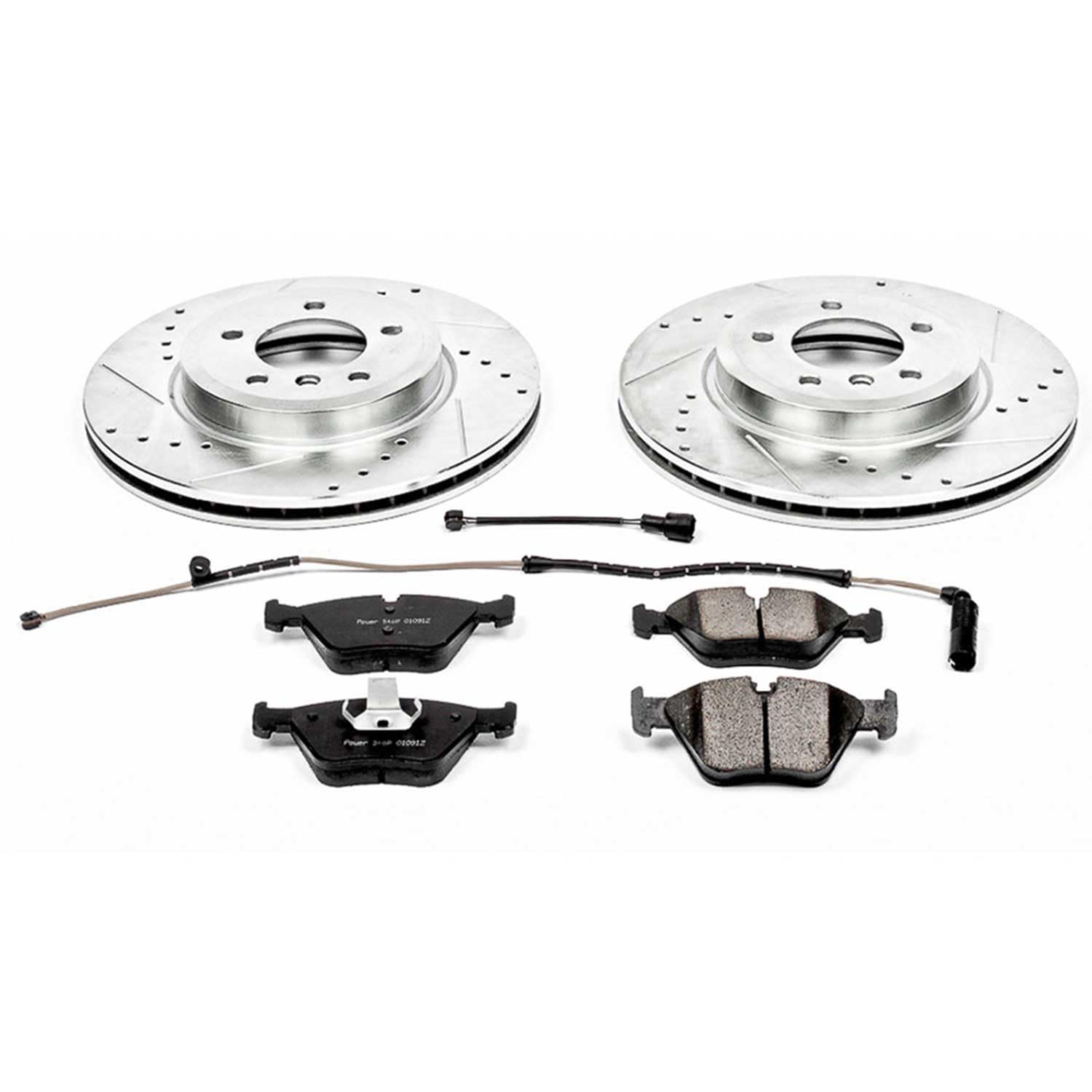 Power Stop K928 Front Z23 Brake Pads with Drilled & Slotted Brake Rotors Kit and 1 Front Sensor Wire For BMW Z4 2006-2008 [Model Specific]