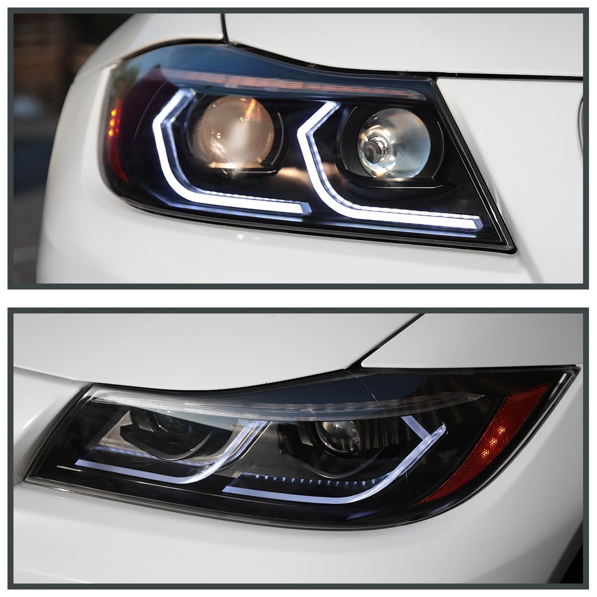 Dual Projector Headlights SPEC-D TUNING Black with 3D LED Tube and Startup Animation Compatible with 2006-2011 BMW 3-Series E90 Sedan/E91 Wagon, Left + Right Pair Headlamps Assembly