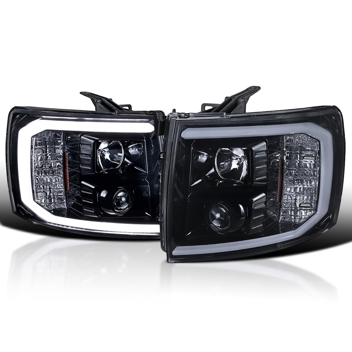 Black Smoke LED Light Tube Projector Headlights SPEC-D TUNING Compatible with 2007-2013 Chevy Silverado 1500 2500HD 3500HD, Left + Right Pair Headlamps Assembly